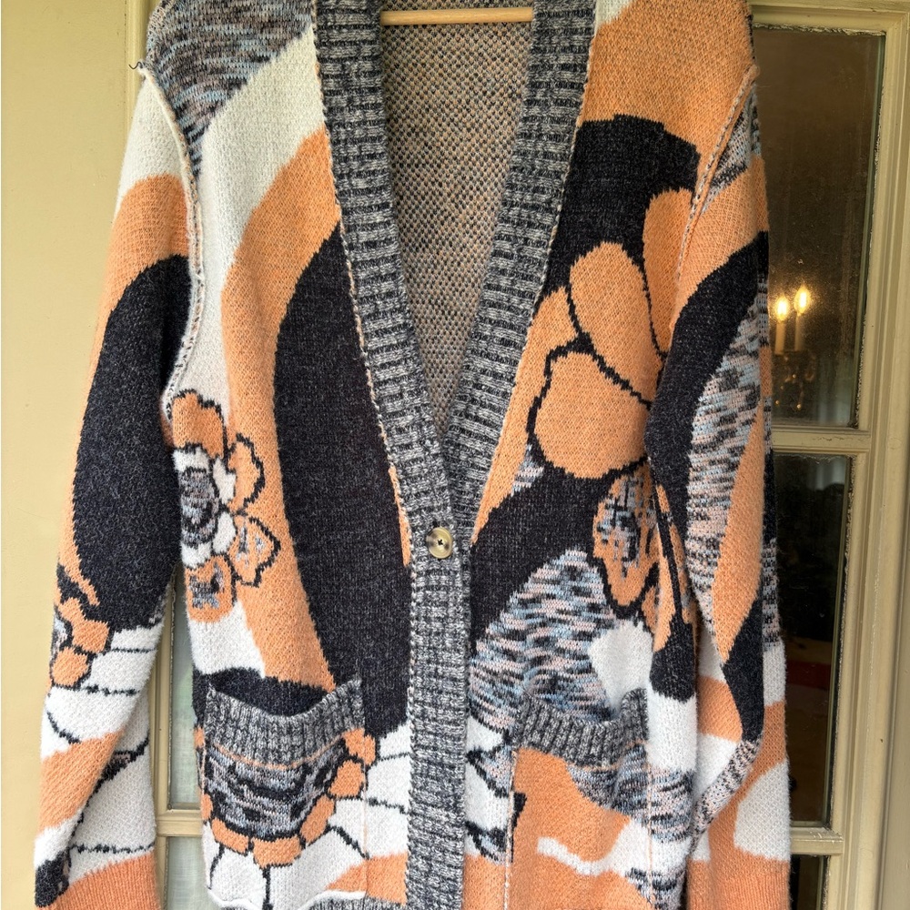 Free People Abstract Floral Cardigan - Black, Orange, Cream